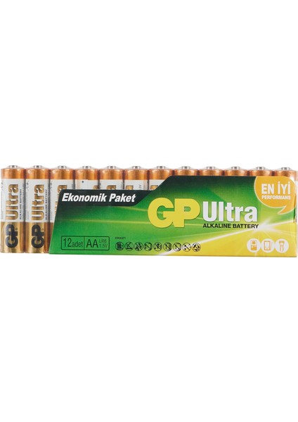Batteries 15AU Ultra Alkalin LR6/E91/AA Pil, 1.5 Volt, 12&apos;li Paket, Bakır/siyah/beyaz