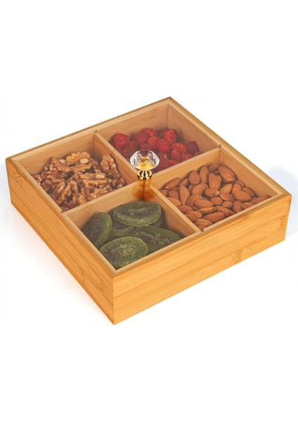 Bambu Bölmeli Kapaklı Sunumluk, Kuru Meyve, Kuru Yemiş ve Drajeleriniz Için (Kare)