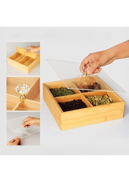 Bambu Bölmeli Kapaklı Sunumluk, Kuru Meyve, Kuru Yemiş ve Drajeleriniz Için (Kare) fiyatları