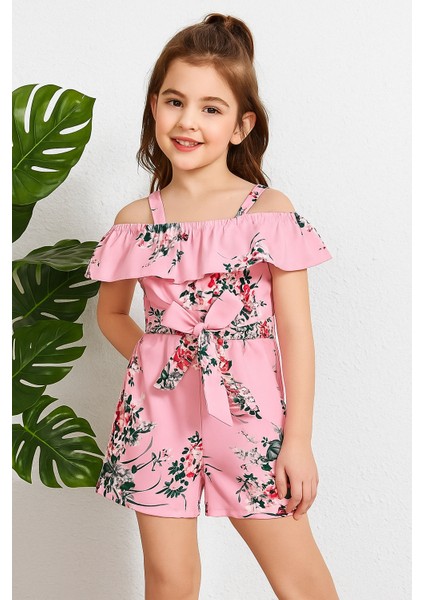 Kız Çocuk Pembe Çiçek Desenli Kuşaklı Tulum
