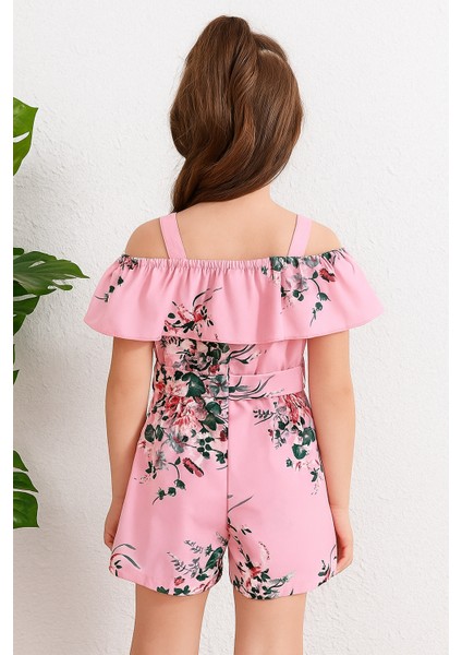 Kız Çocuk Pembe Çiçek Desenli Kuşaklı Tulum fiyatları
