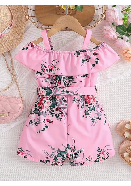 Kız Çocuk Pembe Çiçek Desenli Kuşaklı Tulum fırsatları