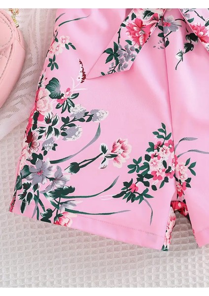 Kız Çocuk Pembe Çiçek Desenli Kuşaklı Tulum