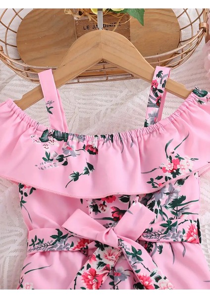 Kız Çocuk Pembe Çiçek Desenli Kuşaklı Tulum