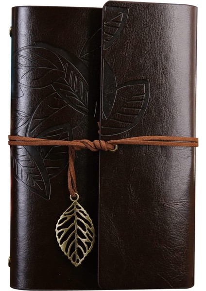 Yaprak Baskılı Deri Kapaklı Günlük Not Defteri Özel Tasarım Hediyelik Siyah