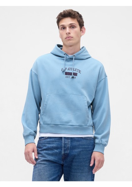 Erkek Mavi Heavyweight Oversized Logo Sweatshirt