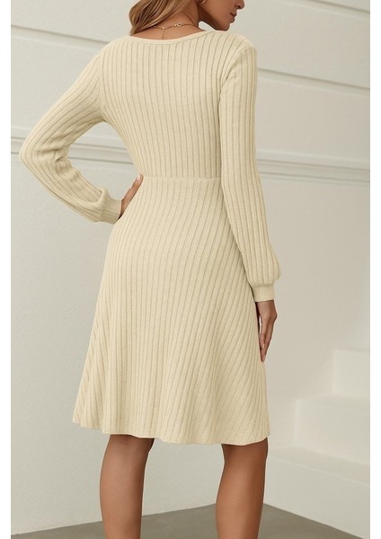 Kadın Uzun Kollu Kare Yaka Düğmeli Kısa Şardonlu Iki Iplik Mini Elbise modelleri