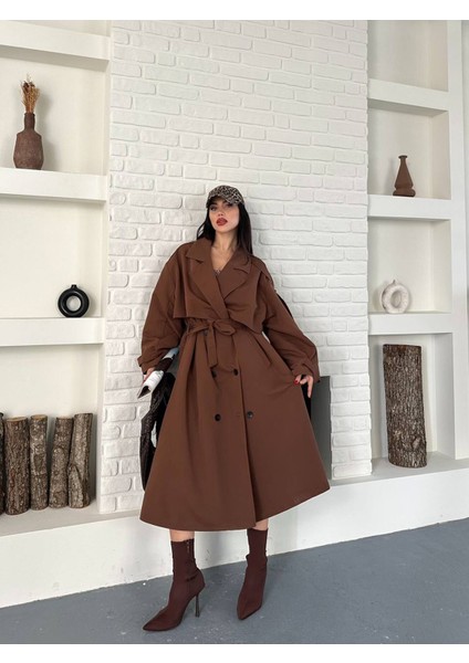 Kadın Taba Uzun Trençkot Cepli Kuşaklı Rüzgar Kapaklı Yeni Sezon Dış Giyim modelleri
