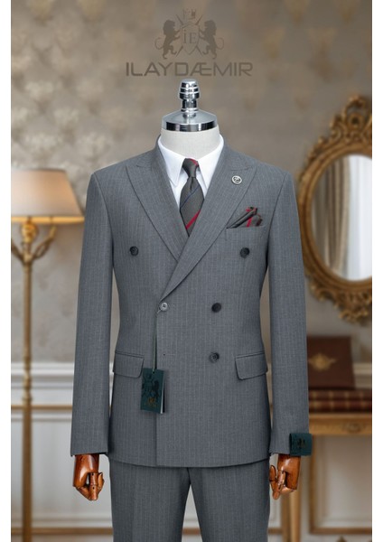 Özel Tasarım Italyan Kesim Kruvaze Çizgili Erkek Takım Elbise Gri
