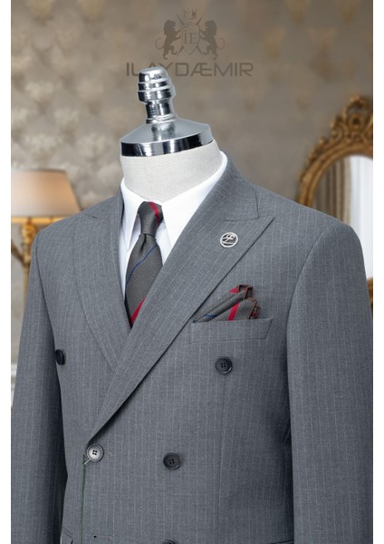Özel Tasarım Italyan Kesim Kruvaze Çizgili Erkek Takım Elbise Gri fiyatları