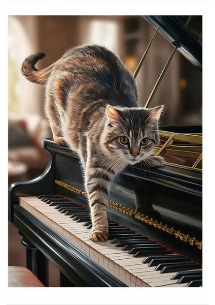 Piyano ve Kedi Model Ahşap Tablo, 35CM x 50CM