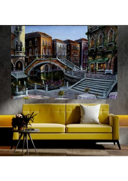 Evler ve Köprü Manzaralı Sanatsal Dekoratif Duvar Tablosu (70X100 Cm)