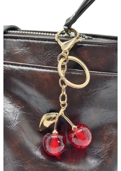 Simli Kiraz Gold Detaylı Kırmızı Viral Çanta Charm Çanta Süsü / Anahtarlık indirimleri