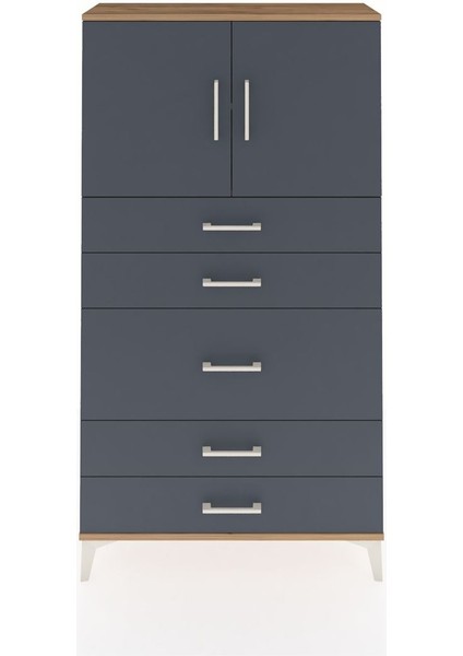 Arges Dolap 2 Raflı 5 Çekmeceli 2 Kapaklı 88X30X163 Çam-Antrasit