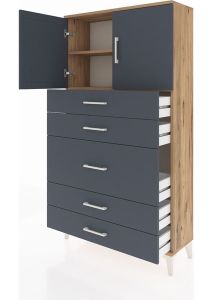 Arges Dolap 2 Raflı 5 Çekmeceli 2 Kapaklı 88X30X163 Çam-Antrasit fırsatları