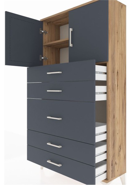 Arges Dolap 2 Raflı 5 Çekmeceli 2 Kapaklı 88X30X163 Çam-Antrasit indirimleri