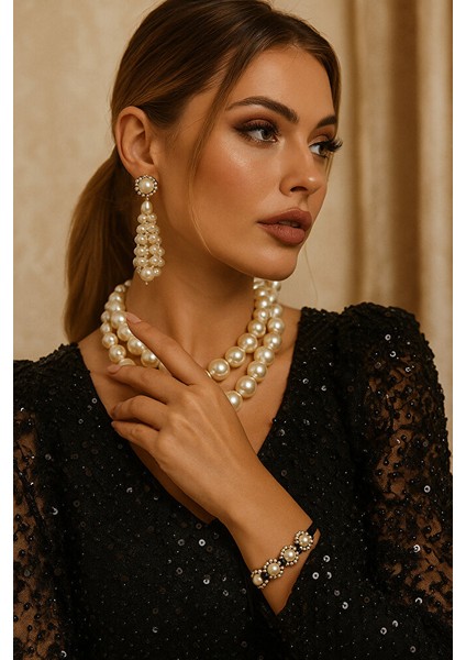 Siyah Makrome Inci ve Metal Çiçek Bileklik fiyatları