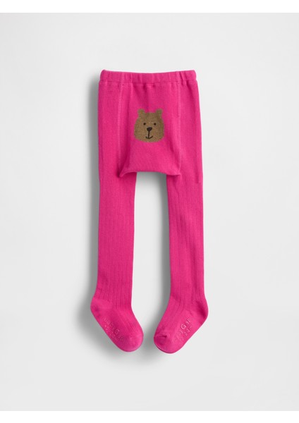 Bebek Pembe Fitilli Bear Baskılı Külotlu Çorap