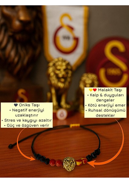 Galatasaray Oniks & Malakit Taş Aslan Figürlü Taraftar Bilekliği – El Yapımı Ayarlanabilir