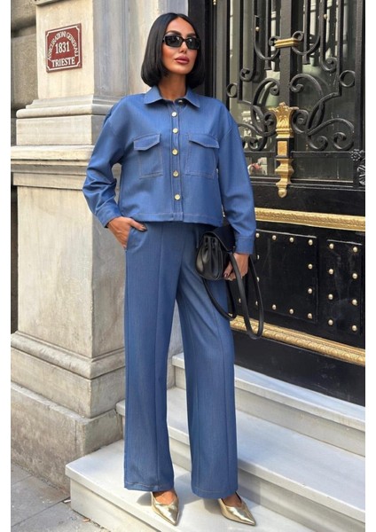 Gömlek ve Palazzo Pantolon Nikol Takım -Indigo