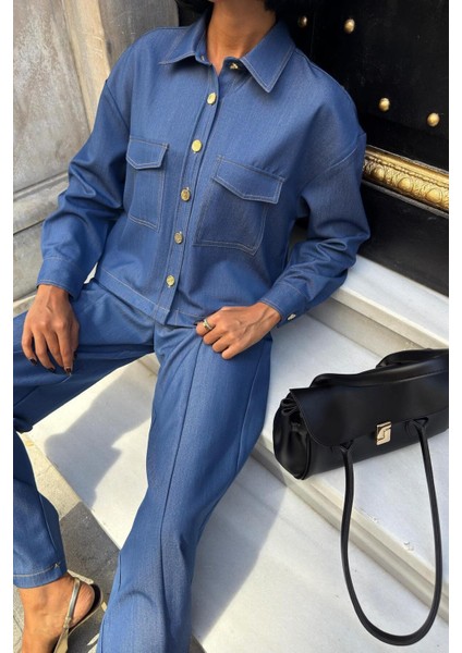 Gömlek ve Palazzo Pantolon Nikol Takım -Indigo