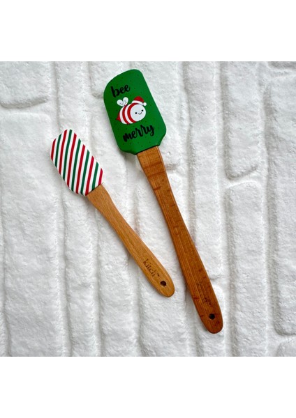 Yılbaşı Temalı Mini Ikili Yeşil Silikon Spatula Ahşap Saplı