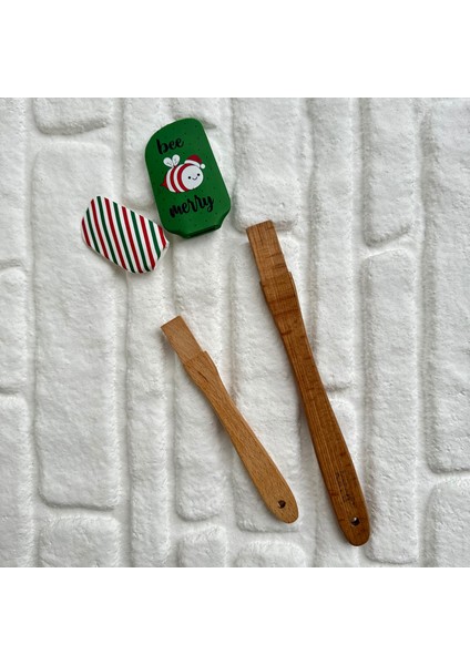Yılbaşı Temalı Mini Ikili Yeşil Silikon Spatula Ahşap Saplı modelleri