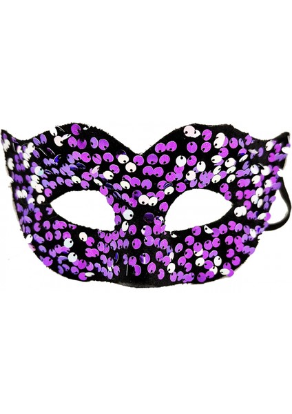 Mor Renk Arkadan Lastikli Pul Payet Işlemeli Balo After Parti Maskesi modelleri