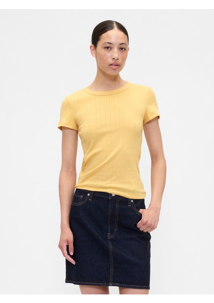 Kadın Sarı Pointelle Crewneck T-Shirt