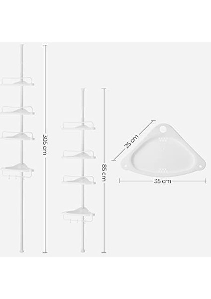 Duş Rafı, 85 – 305 cm Yüksekliği Ayarlanabilir, 4 Tepsili Rafı, Duş Köşesi, Delme Gerektirmez, Beyaz BCB001A modelleri