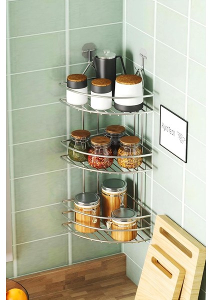 3 Katlı Metal Krom Kaplama, Duvar Veya Tezgah Üstü, Köşe Rafı, Köşelik,, Rafı, Kahve Rafı, Delme Gerektirmez Yapışkanlı Askı Gümüş Renk 50 cm