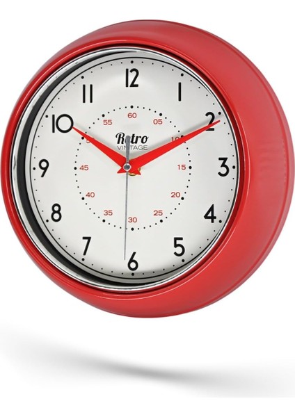 Premium Serisi Retro Tasarım Metal Kadranlı Cam Özellikli 30 cm Ev ve Ofis Saati Kırmızı, 30CM
