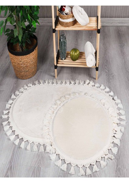 Modern Peluş Oval Klozet Takımı, Bej Renkli Dekoratif Saçaklı Tasarım