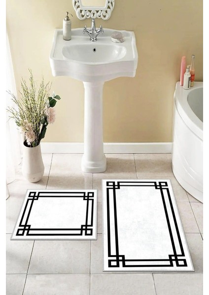 Dijital Baskılı Su Emici Beyaz Siyah Şeritli Banyo Paspası Ikili Set