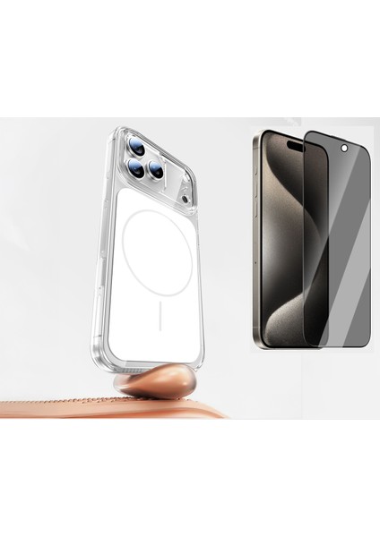 iPhone 17 Pro Max Kılıf Zore M-Safe Şarj Özellikli Şeffaf Kamera Kontrol Butonlu Lugano Kapak + Hayalet Ekran Koruyucu