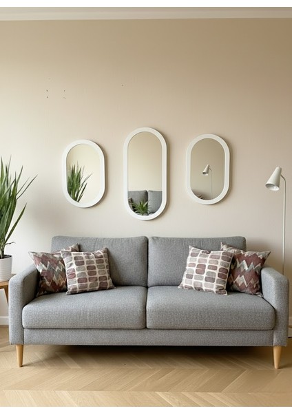 3’lü Oval Duvar Aynası / Beyaz Dekor Oval Ayna -Dekoratif Ayna Seti