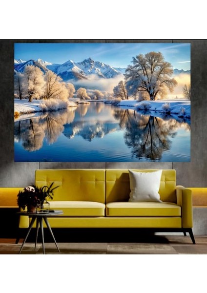 Nehir ve Karlı Dağ Manzaralı Sanatsal Dekoratif Duvar Tablosu (50X70 Cm)