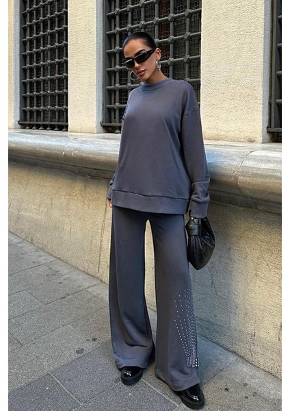 Gümüş Taşlı Dokuma Oversize Takım -Füme fiyatları