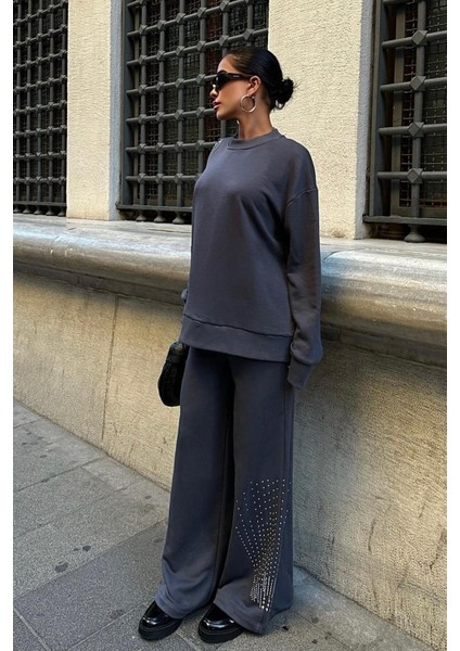 Gümüş Taşlı Dokuma Oversize Takım -Füme modelleri