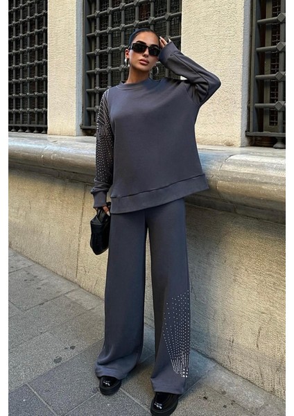 Gümüş Taşlı Dokuma Oversize Takım -Füme