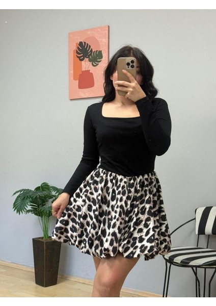 Kadın Uzun Kollu Kare Yaka Mini Balon Modal Elbise