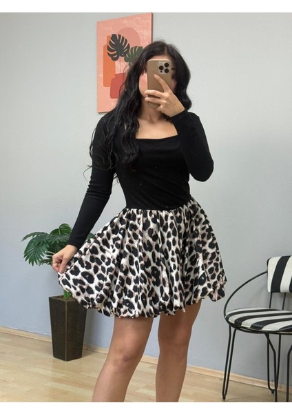 Kadın Uzun Kollu Kare Yaka Mini Balon Modal Elbise indirimleri