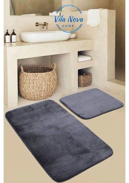 Yumuşak Peluş Banyo Halısı Klozet Takımı, 80X50 ve 50X40 Cm, Antrasit, Yıkanabilir