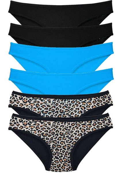 6 Adet Likralı Kadın Slip Külot Leopar Siyah Mavi fiyatları
