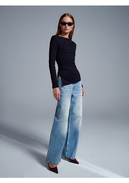 32198 Kayık Yaka Büzgülü Top-Siyah indirimleri