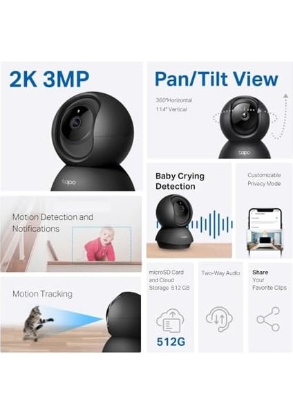 Tapo C211 2k 3mp Yatay ve Dikey Ev Güvenliği Wi-Fi Kamerası, Gece Görüşü, IP66 Su Geçirmez, Siyah Renk + 64GB Kioxia Microsd Bellek modelleri