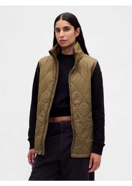 Kadın Haki Lightweight Kapitone Puffer Şişme Yelek