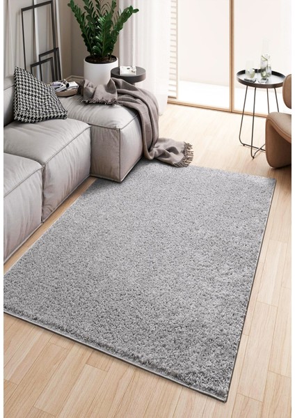 Yıkanabilir, Kaymaz Tabanlı, Şık Gri Shaggy Yolluk Halı