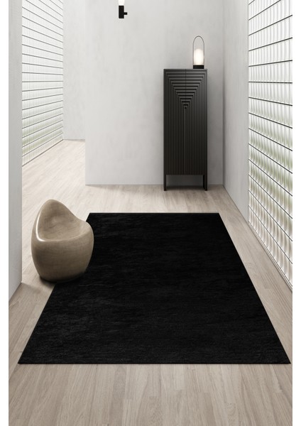 Yıkanabilir Renkli Dijital Kaymaz Modern Mutfak ve Salon Halısı Siyah Düz
