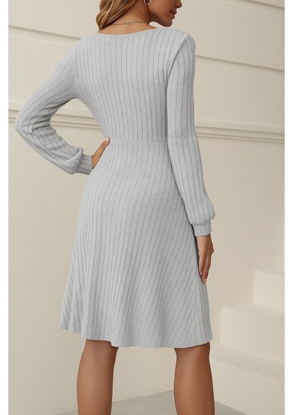 Kadın Uzun Kollu Kare Yaka Düğmeli Kısa Şardonlu Iki Iplik Mini Elbise modelleri